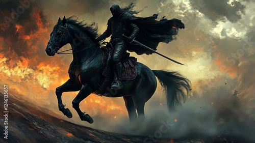Dramatic charge of a warrior on horseback through fiery landscape