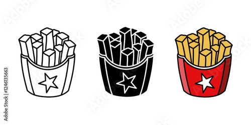French fries icon. Fried potatoes symbol. French fries sticks vector illustration. Fast food eatery logo. Junk snack pictogram. American fries package sign. Delicious potato chips colorful concept.