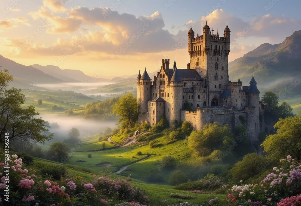 Majestic Castle in a Misty Valley at Sunrise Majestic Castle in a Misty Valley at Sunrise