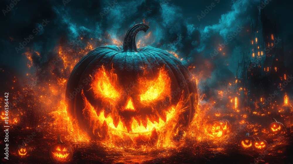 Naklejka premium background with scary pumpkins and haunted house in the forest