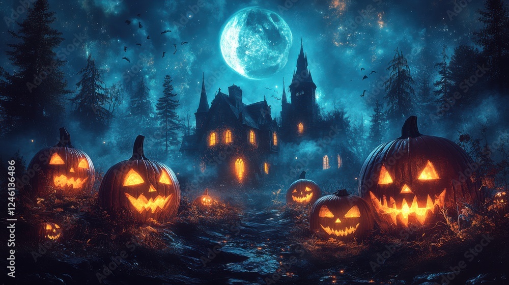 Fototapeta premium background with scary pumpkins and haunted house in the forest
