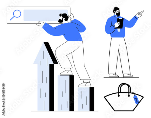 Man climbing bar chart holding search bar, another pointing while holding clipboard, and a shopping bag. Ideal for business analysis, market growth, data search, performance insights, retail trends