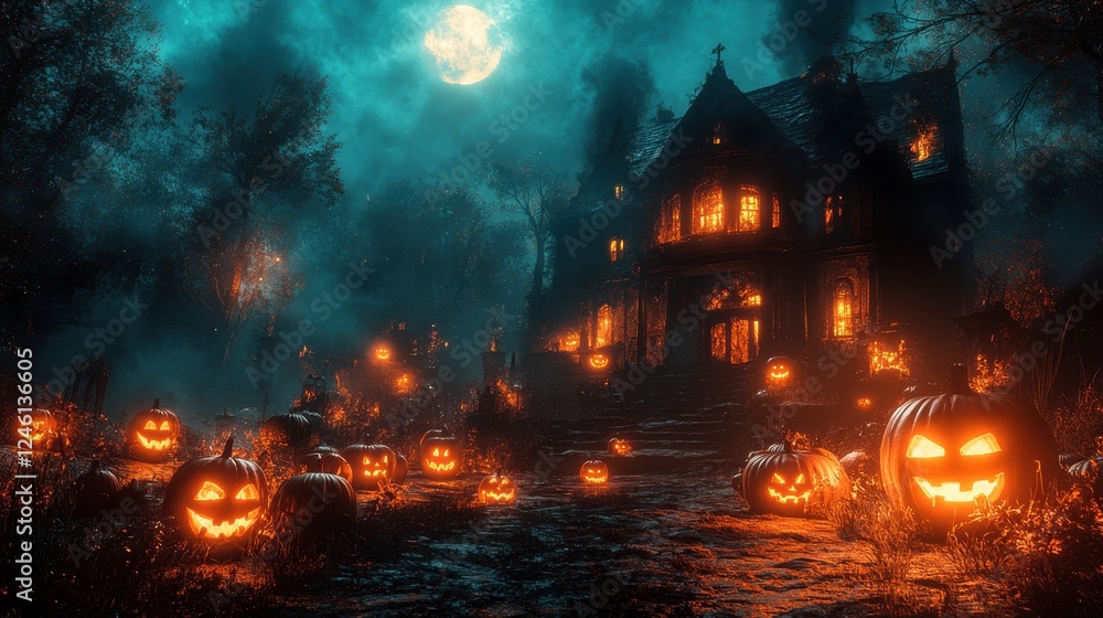 background with scary pumpkins and haunted house in the night 3d render background with scary pumpkins and haunted house in the night 3d render