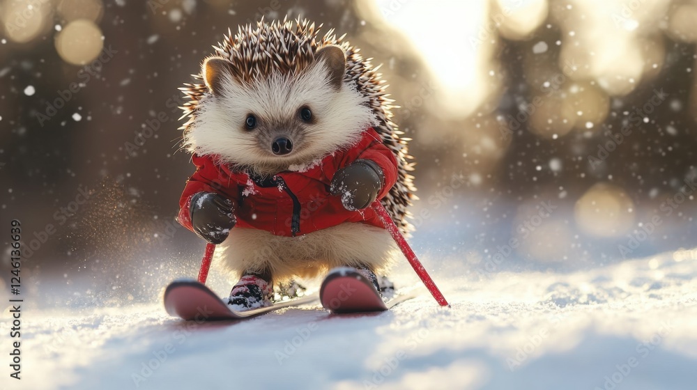 Hedgehog enjoys a winter adventure on skis in a snowy forest under a bright, sunny sky Hedgehog enjoys a winter adventure on skis in a snowy forest under a bright, sunny sky