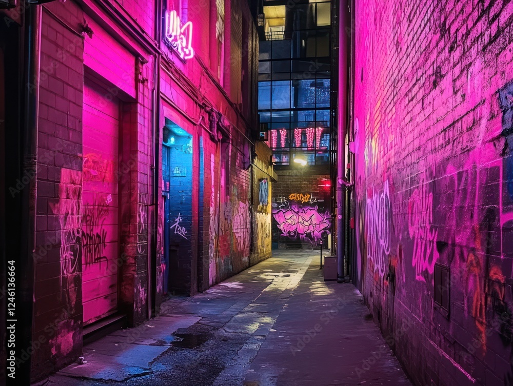 Fototapeta premium Pink neon alleyway graffiti urban night city background