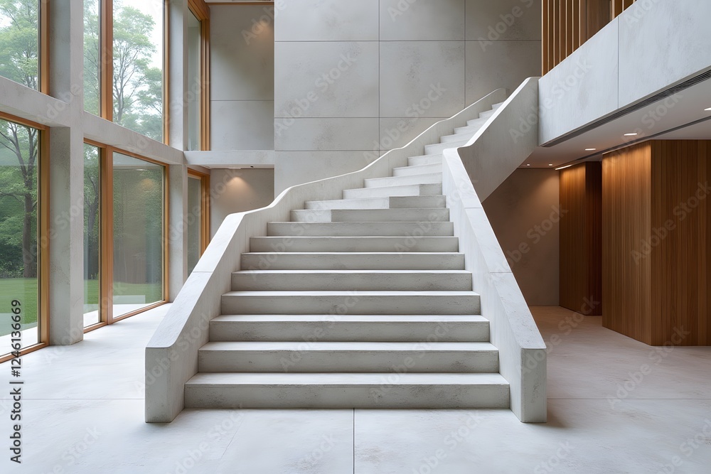 Fototapeta premium Modern minimalist interior with elegant white staircase and large windows