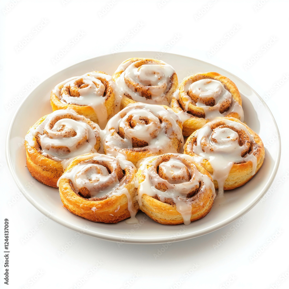 Freshly Baked Cinnamon Rolls with Creamy Icing on Decorative White Plate Freshly Baked Cinnamon Rolls with Creamy Icing on Decorative White Plate