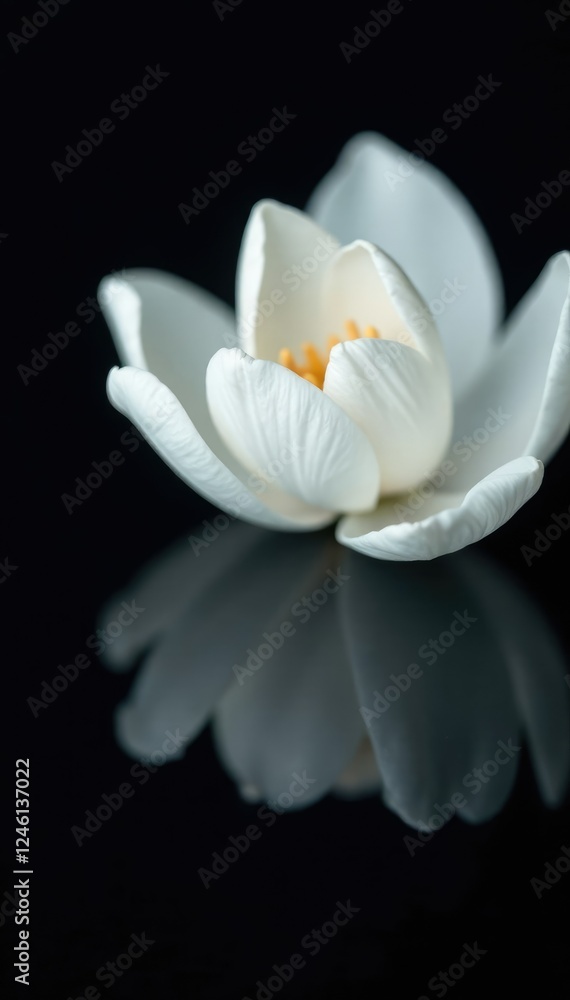 Delicate white petals unfolding on a dark, glossy background, black, white Delicate white petals unfolding on a dark, glossy background, black, white