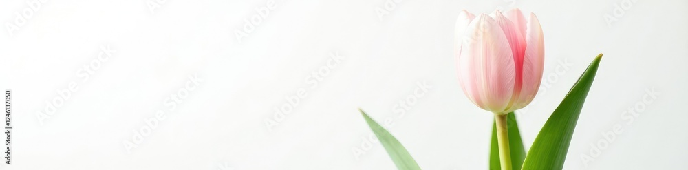 Pale pink tulip stem with green leaves on white background, White Background Photography, Plant Details Pale pink tulip stem with green leaves on white background, White Background Photography, Plant Details