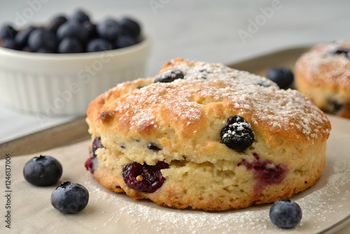 Wallpaper Mural Dessert Pastries & Pies, A delicious blueberry scone dusted with powdered sugar, served with fresh blueberries for a delightful treat. Torontodigital.ca