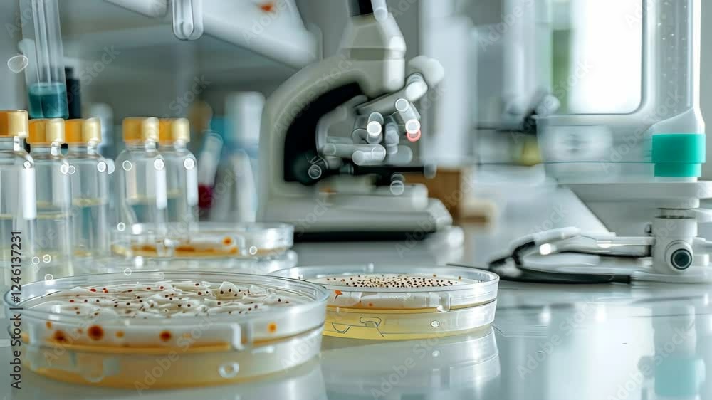 Petri dishes in the laboratory against the background of a microscope. Selective focus. white. Petri dishes in the laboratory against the background of a microscope. Selective focus. white.