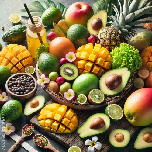 Tropical treasures such as mangoes and avocados add exotic flavo photo