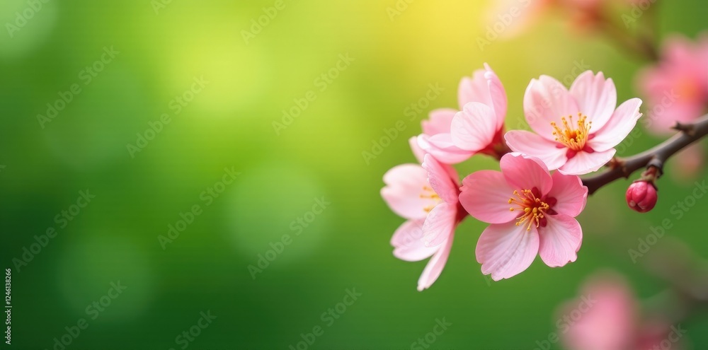 Obraz premium Peach blossoms with a green and yellow color scheme, pink, green