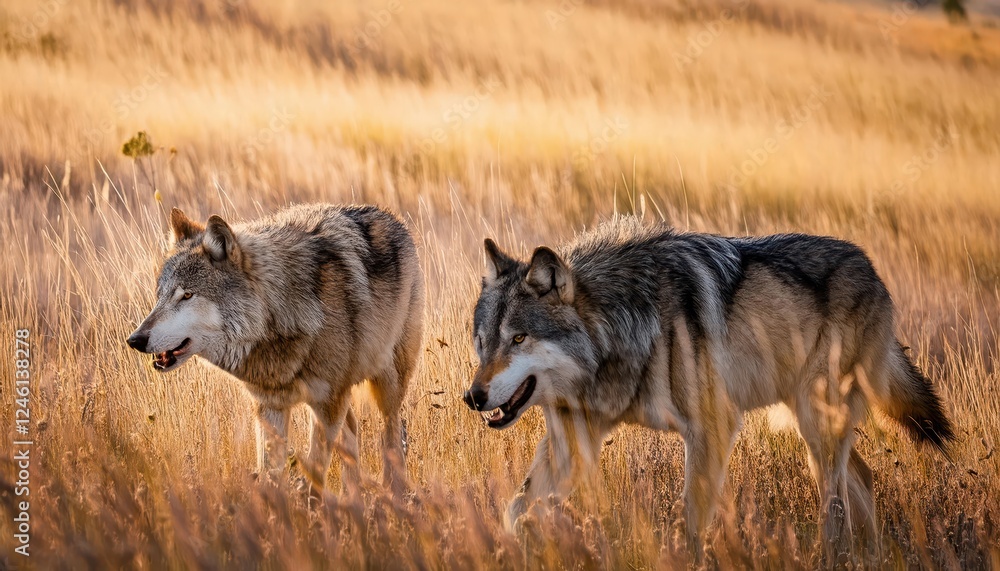 Two Gray Wolves Roam Through a Golden Hour Yellowstone Landscape A Symphony of Wildlife and Natures Majesty in the American West Two Gray Wolves Roam Through a Golden Hour Yellowstone Landscape A Symphony of Wildlife and Natures Majesty in the American West