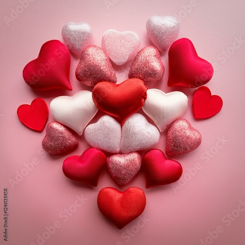 Generated image Assorted red, pink, and white hearts arranged elegantly on a soft pink gradient background