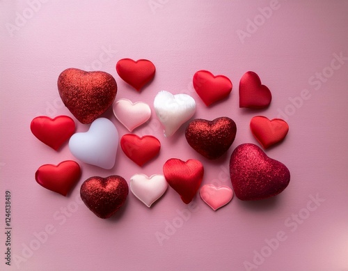 Generated image Assorted red, pink, and white hearts arranged elegantly on a soft pink gradient background