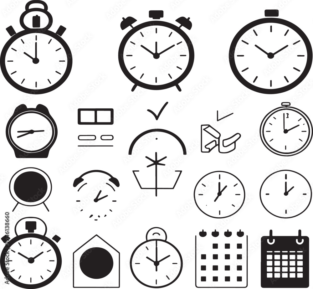 Fototapeta premium Time Management Icons Featuring Clocks and Alarms