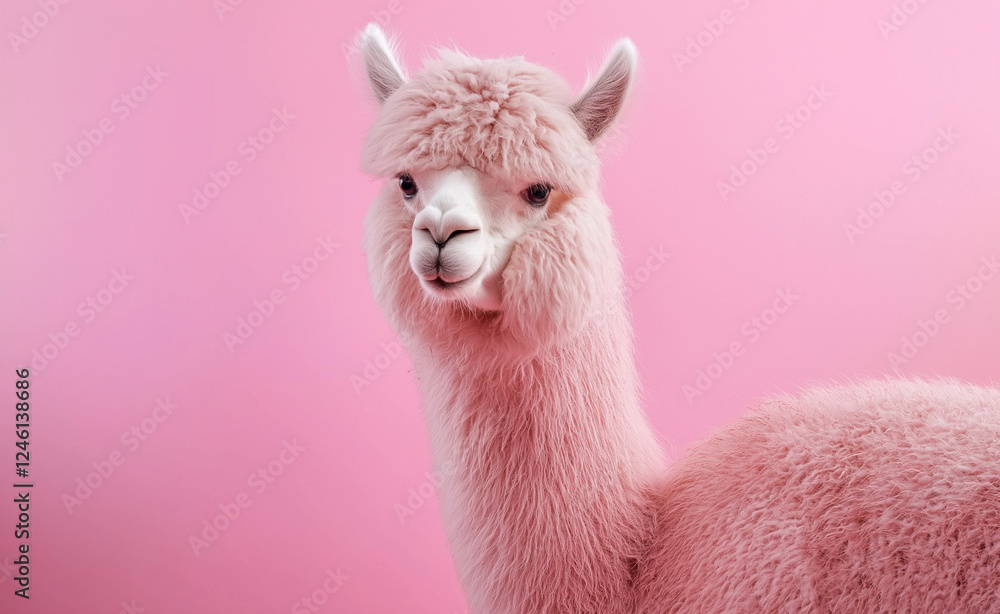 Obraz premium A fluffy alpaca with soft pink fur looks curiously at the camera against a pastel pink background, creating a whimsical and surreal effect.
