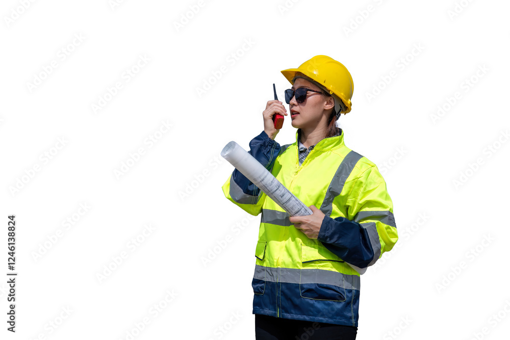 Engineers wearing safety gear, including hard hats examining survey standing industrial facility engaged in a job requires high safety standards concept with PNG white background. Engineers wearing safety gear, including hard hats examining survey standing industrial facility engaged in a job requires high safety standards concept with PNG white background.