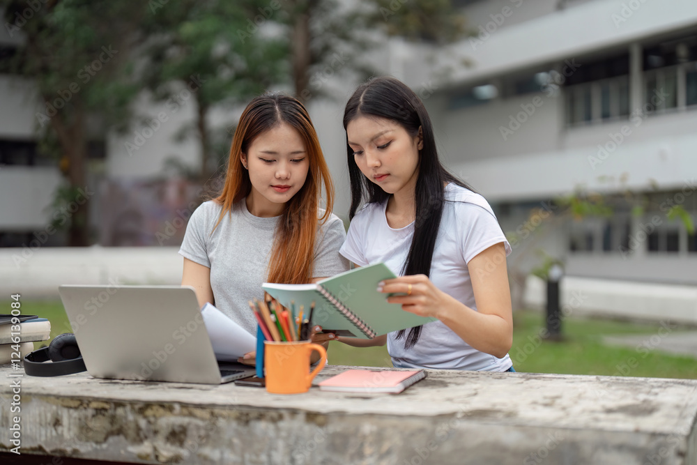 Two studious students collaborating outdoors with notebooks and a laptop, focused on their academic assignments Two studious students collaborating outdoors with notebooks and a laptop, focused on their academic assignments