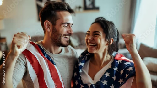 Joyful couple celebrating with American flags. Smiling faces, excitement, and unity. Perfect for patriotic events, 4th of July, or American culture. Stock video 4K