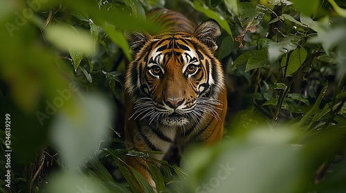 Tiger stalking in jungle; lush foliage background; wildlife conservation
