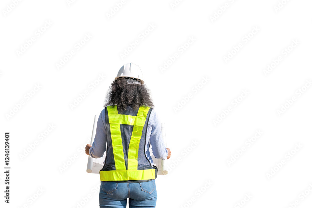 Engineers wearing safety gear, including hard hats examining survey standing industrial facility engaged in a job requires high safety standards concept with PNG white background. Engineers wearing safety gear, including hard hats examining survey standing industrial facility engaged in a job requires high safety standards concept with PNG white background.