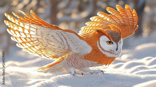 Majestic orange and white owl spreading wings in snowy environment