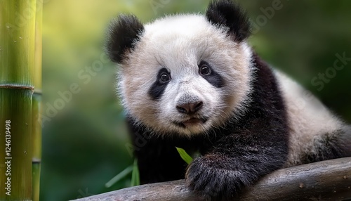 Majestic Young Giant Panda Frolicking in Chengdus Lush Forests at Dawn, Showcasing Playful Energy and Soft BlackandWhite Textures in a Serene Sichuan Landscape. photo