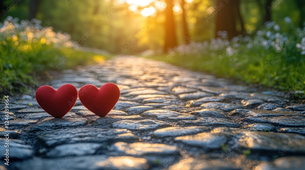Fototapeta premium Two hearts path sunset spring romance