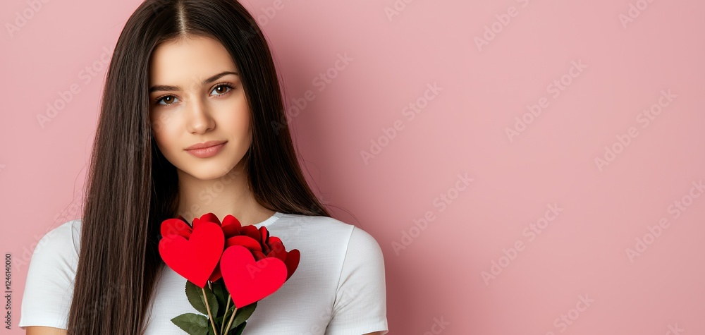 Young Woman Holding Red Paper Hearts Against Pink Background Young Woman Holding Red Paper Hearts Against Pink Background