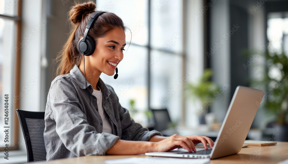 Smiling woman in a headset uses a laptop in a modern office with large windows. Smiling woman in a headset uses a laptop in a modern office with large windows.