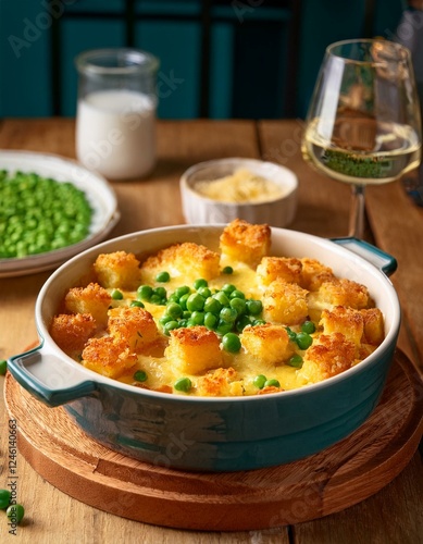 Generated image Delicious cheesy tater tot casserole with green peas, freshly baked, served in a warm