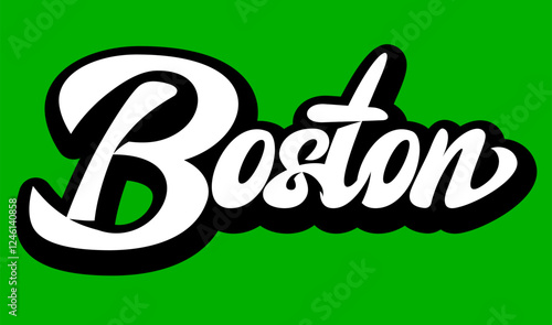 Stylish typographic design showcasing the word Boston in a bold, cursive font against a vibrant green background, perfect for urban-themed projects or city branding