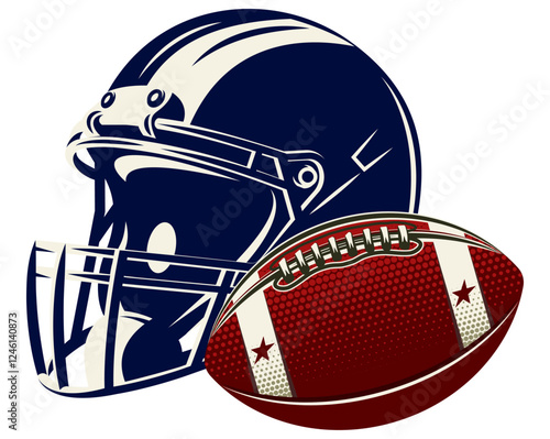 Vibrant illustration featuring a detailed football helmet alongside a textured football, capturing the essence of the sport with bold colors and dynamic design elements