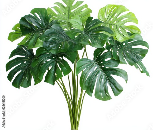 Artificial Monstera deliciosa leaves, lush greenery, studio shot, white background, home decor photo