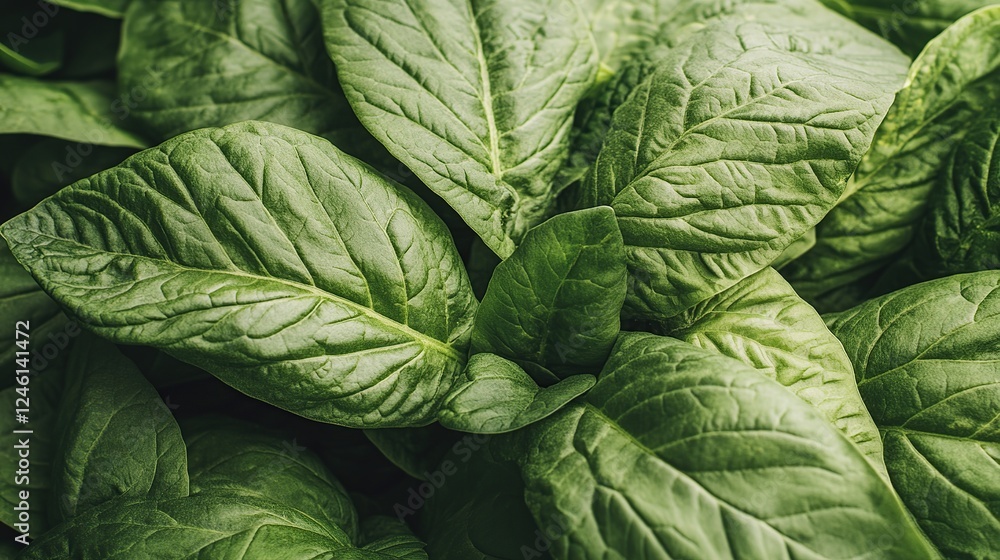 Obraz premium Lush green spinach leaves close-up, garden background, healthy food texture