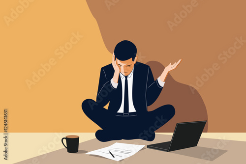 stress concept, frustrated angry business man sitting on floor, look at fraud mistake contract paper, mix feeling of fear, depression, rejection, frustration, unhappy. cartoon character