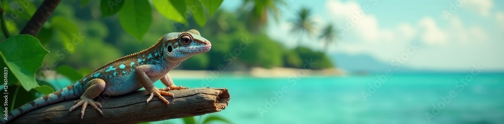 Petite gecko grise et bleue sur une feuille de tapisserie, arbre, mer, ?le tropicale Petite gecko grise et bleue sur une feuille de tapisserie, arbre, mer, ?le tropicale