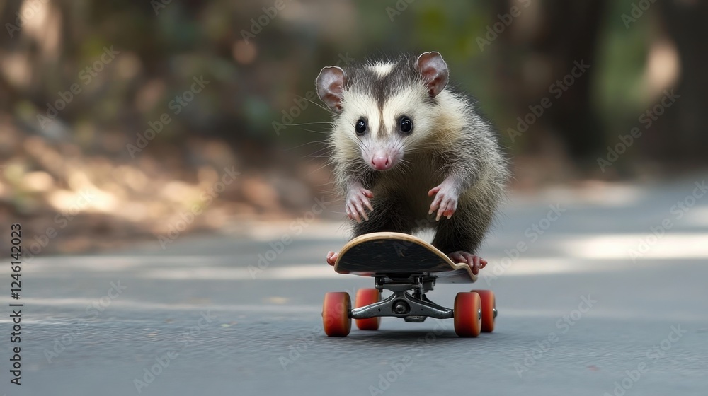 Fototapeta A furry marsupial glides on a skateboard along a tranquil forest path during a sunny afternoon