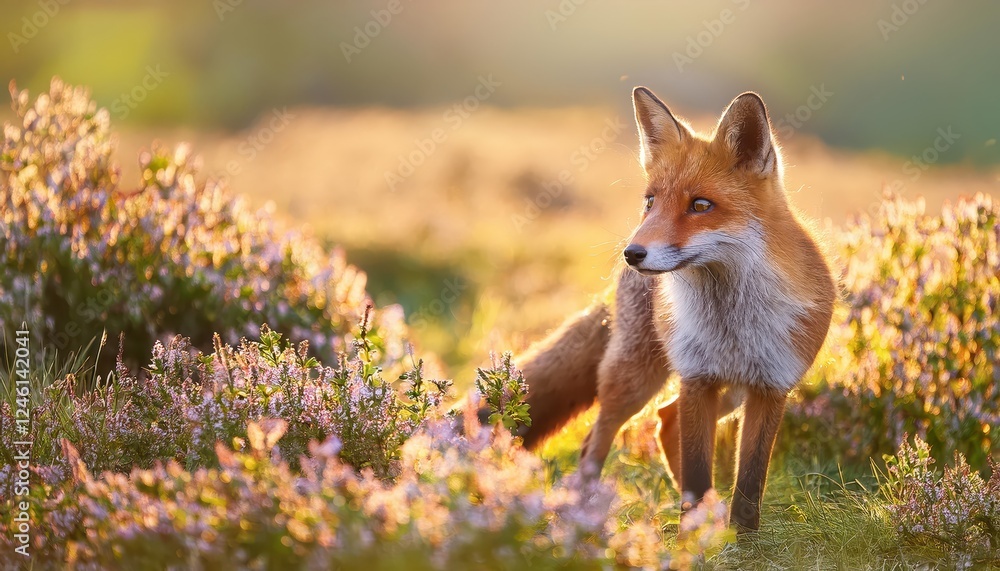 Obraz premium Vibrant Red Fox Amidst Blooming Meadow in Radiant Sunlight at Dusk3