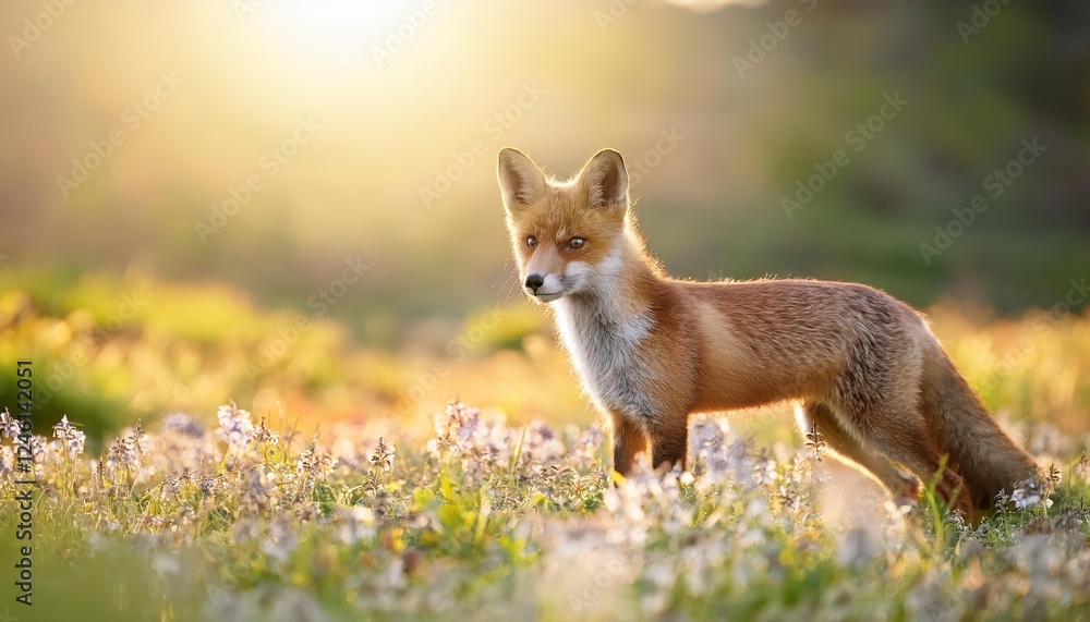 Fototapeta premium Vibrant Young Red Fox Basking in Sunlight amidst Blossoming Meadow, Capturing the Essence of a Picturesque Spring Day