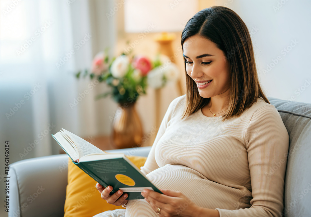 Obraz premium Cozy Reading Moments: A Pregnant Woman Enjoying a Book