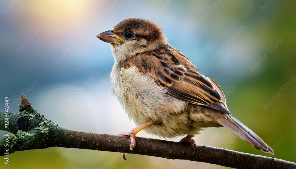 Naklejka premium Young Sparrow Perched on Autumn Branch Vibrant Feathers Contrast with Rustic Bark Against a Backdrop of Falling Leaves and Soft Sunlight Filtering Through, Capturing the Essence of Natures