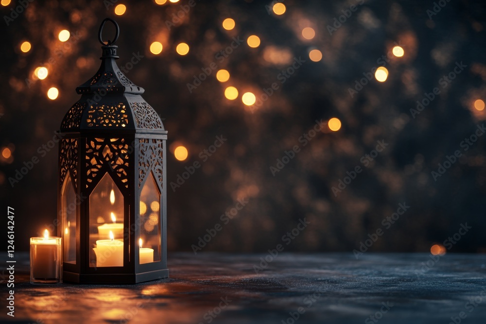 Festive lantern glows, candles, bokeh background, Ramadan Festive lantern glows, candles, bokeh background, Ramadan