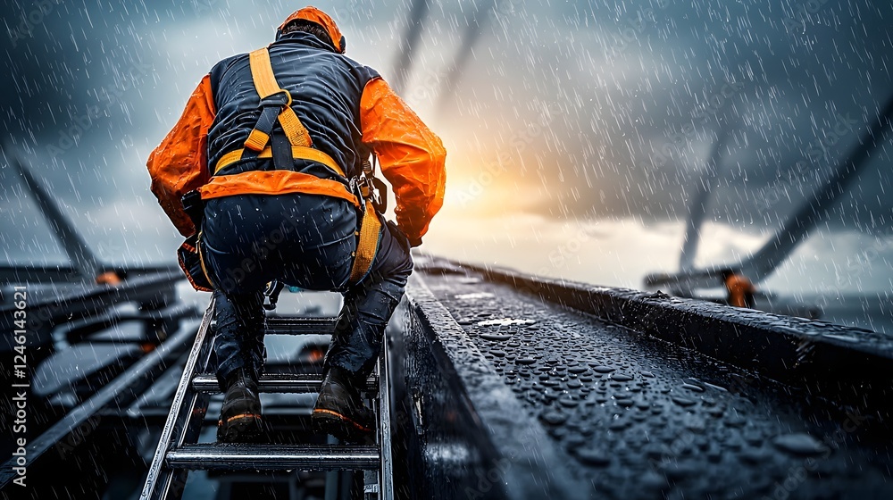 Engineer Climbing Safely Inside Offshore Wind Turbine on Maintenance Inspection Wearing Orange Protective Suit and Harness as Raindrops Glisten on the Metal Surfaces in Warm Golden Light