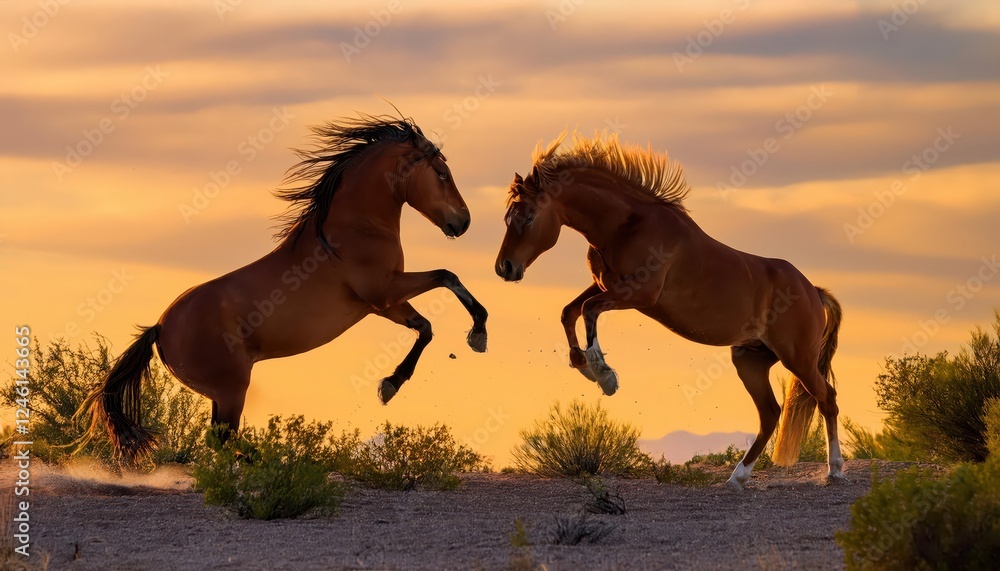 Energetic Play of Springtime Desert Wild Horse Stallions Amidst a Backdrop of SunKissed Sand and Cacti, Showcasing an Unforgettable Scene of Powerful Beauty. Energetic Play of Springtime Desert Wild Horse Stallions Amidst a Backdrop of SunKissed Sand and Cacti, Showcasing an Unforgettable Scene of Powerful Beauty.
