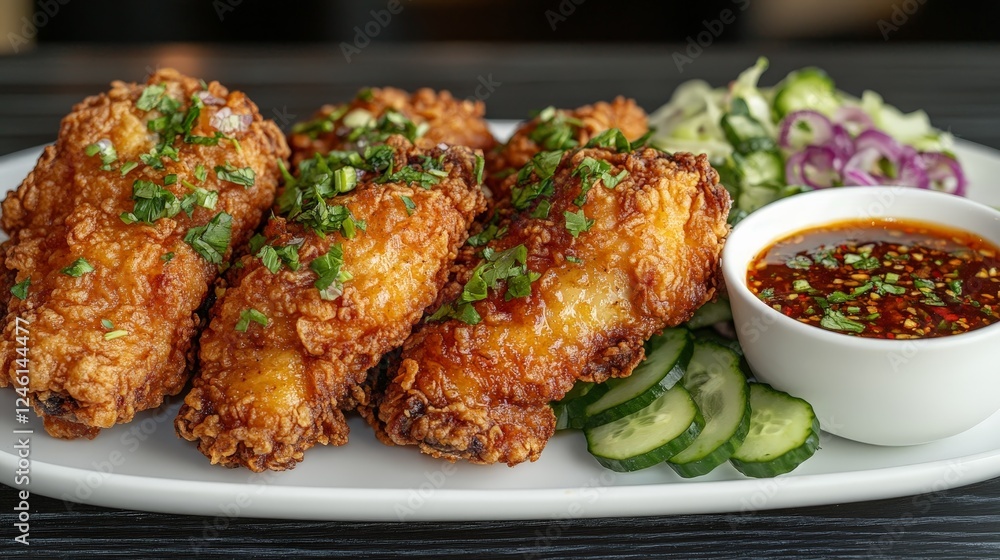 A plate of crispy fried chicken wings garnished with herbs, served with dipping sauce and salad. A plate of crispy fried chicken wings garnished with herbs, served with dipping sauce and salad.