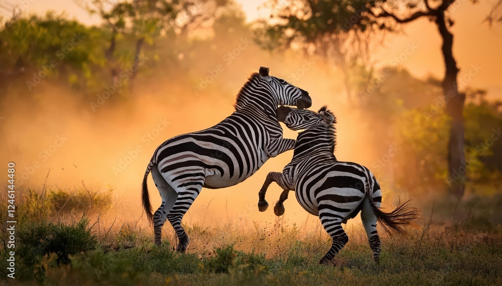Naklejka premium Intense Battle of Two Striped Giants Zebras Clashing amidst the African Savannahs Dusty Red Sunset, Showcasing Raw Wilderness Energy and Dramatic Contrasts