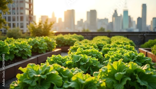 A lush rooftop urban farm with vibrant organic vegetables in raised garden beds, set against a city skyline and soft morning sunlight. photo